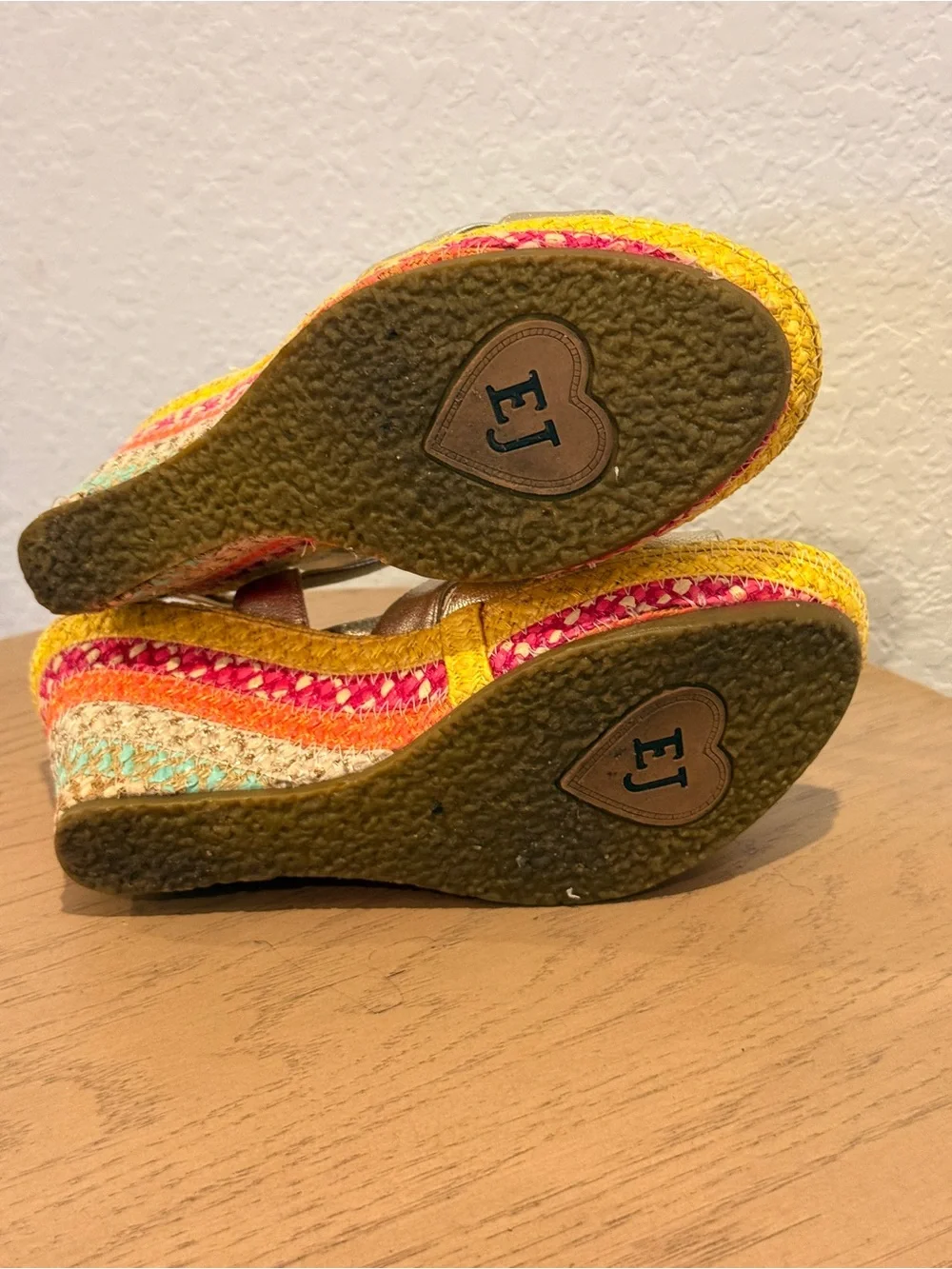 Eric Javits Metallic Gold Strappy Wedge Sandals with Colorful Espadrille Heel
